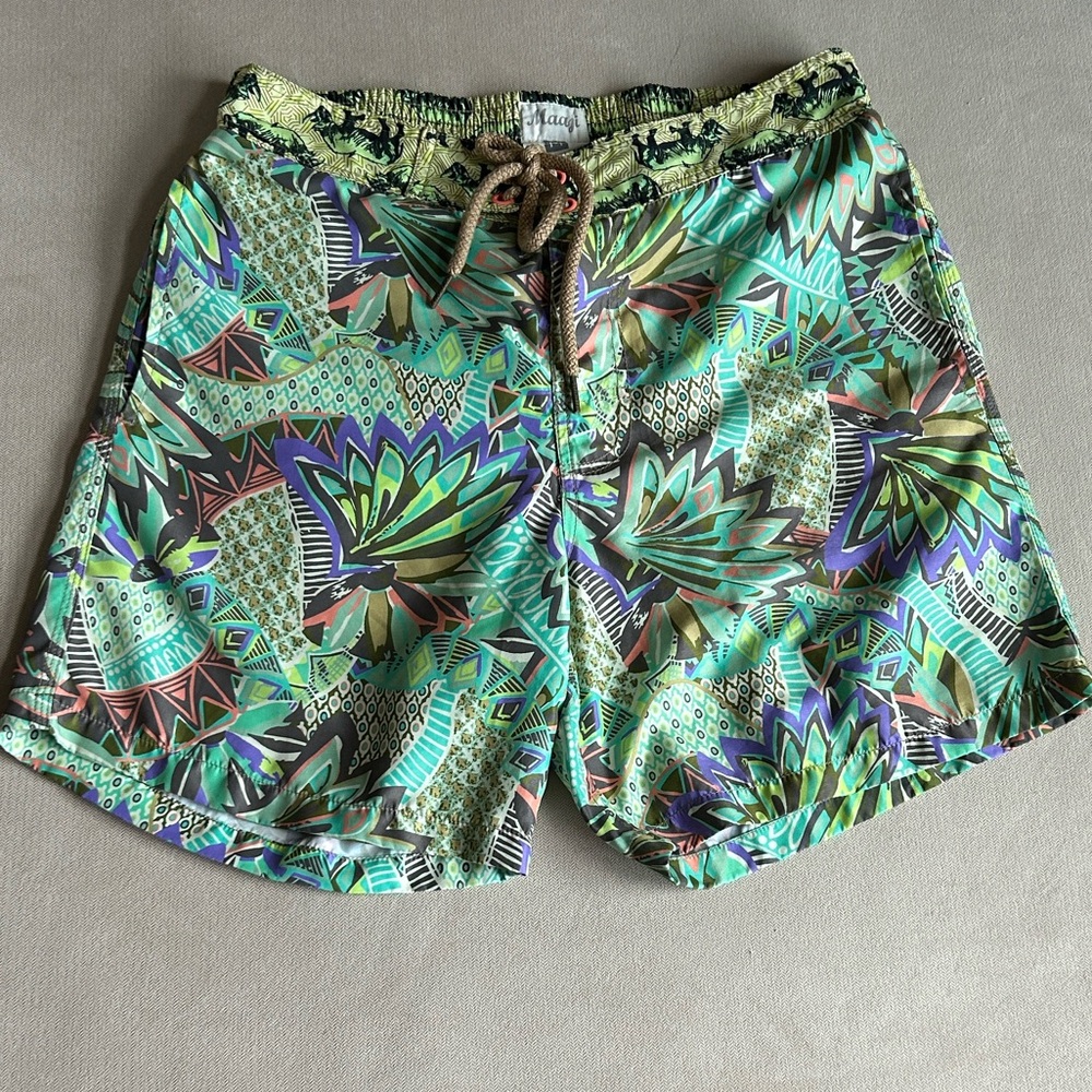 Maaji Tropical Green Patterned with Rino’s on Waistband Men's Swim Shorts Size M